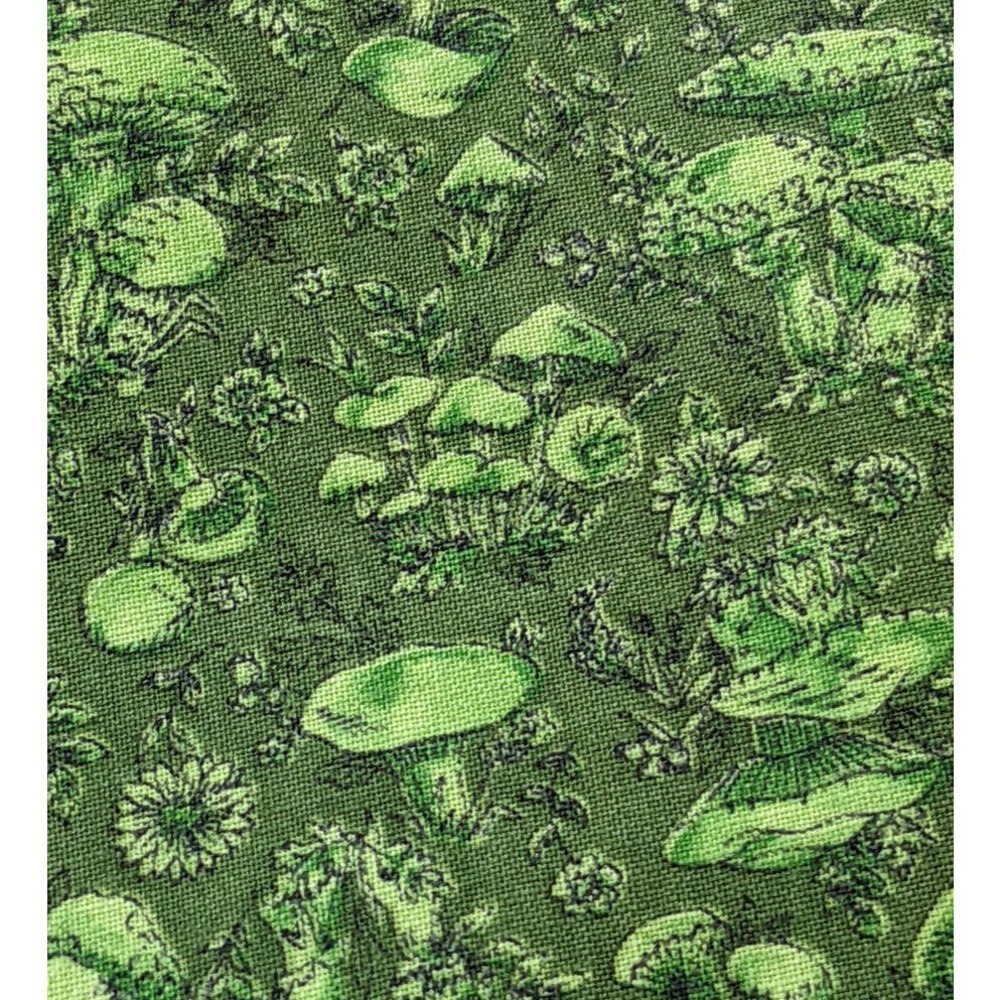 Vintage 1970's Mushroom Fabric Avocado Green Cottagecore Funky Calico Print 3yd - Picture 4 of 10